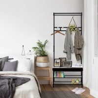 HOMCOM Porte-manteau vestiaire d'entrée banc intégré 2 étagères 5 patères + barre de penderie métal noir revêtement synthétique chocolat(m-4)