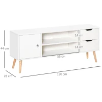 HOMCOM TV Lowboard Fernsehtisch Fernsehschrank für TV bis zu 50" mit Schrank 2 Schubladen Holzfüße Wohnzimmer Weiß 120 x 28 x 44 cm(m-3)