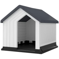 PawHut Hundehütte, wetterfest, Fenster & Tür, für kleine Hunde bis 10kg/40cm Länge, 62x61x60cm, Grau/Weiß(m-1)