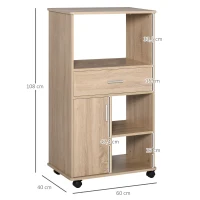 HOMCOM Carro de Cocina para Microondas Aparador de Almacenaje con 4 Ruedas y Frenos Cajón Estantes Abiertos Compartimento con Puerta 60x40x108 cm Roble(m-3)
