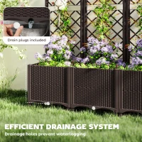 Outsunny Raised Garden Bed with Trellis, Plastic Planter Box with Drainage Holes, Drain Plugs and Water Reservoirs for Climbing Plants, Vegetables, Flowers, Brown(m-6)