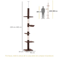 PawHut Árbol para Gatos de Suelo a Techo de 230-260 cm con Altura Ajustable Plataformas Hamaca y Postes de Sisal Marrón(m-3)