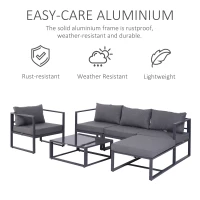 Outsunny 6 PCs Outdoor Indoor Sectional Sofa Set Thick Padded Cushions Aluminium Frame 5 Seaters 1 Coffee Table Footrest Grey(m-4)