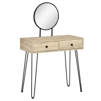 HOMCOM Tocador Mesa de Maquillaje con Espejo Redondo 2 Cajones y Patas de Metal Estilo Moderno para Dormitorio Vestidor 80x40x125 cm Roble(m-1)