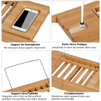 HOMCOM Pont tablette plateau de baignoire avec support de livre longueur réglable 70-105 cm bambou(m-6)