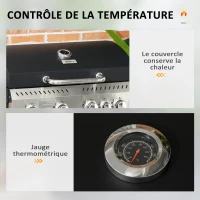 Outsunny Barbecue à gaz 4+1, barbecue au gaz propane 12,5 kW roulettes, grille chauffante, étagères, thermomètre, décapsuleur(m-5)