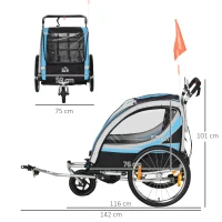 HOMCOM Remorque vélo pour enfant 2 en 1 convertible jogger poussette capacité 26,4 kg avec réflecteurs et drapeau - 2 places  - bleu(m-3)