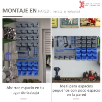 DURHAND Estantería de Pared para Herramientas 54x95 cm con 28 Cajas Apilables y Diferentes Ganchos Gris y Azul(m-4)