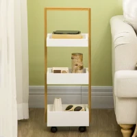 HOMCOM Carrito de Baño con Ruedas y 3 Cestas Carrito Auxiliar Multifuncional de Madera de Bambú 28x18x75 cm Blanco(m-7)