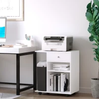 Vinsetto Druckertisch, Druckerständer, Bürowagen, Rollwagen mit Schublade+2 Ablagen+CPU-Ständer, Spanlatte, Weiß, 60 x 40 x 68,5 cm(m-2)