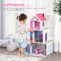 HOMCOM Puppenhaus aus Holz mit Möbeln Zubehör Puppenstube Puppenvilla 3 Etagen Dollhouse Große Spielset für Kinder ab 3 Jahren Rosa 60 x 29 x 85 cm(m-6)
