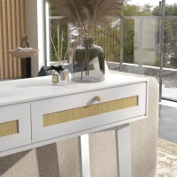 HOMCOM Consola Recibidor Mesa de Entrada con 2 Cajones de Diseño de Ratán y Estante Abierto para Pasillo 100x30x81 cm Blanco(m-8)