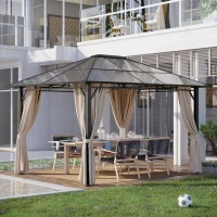 Outsunny 3 x 3.6m Hardtop Gazebo Canopy with Polycarbonate Roof Garden Pavilion with Removable Curtains and Steel Frame, Brown(m-2)