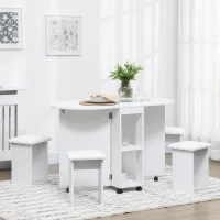 HOMCOM Set da cucina 5 Pezzi, Tavolo pieghevole con 2 ripiani e 4 Sgabelli in Legno truciolato, Bianco(m-2)