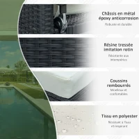 Outsunny Ensemble de jardin 2 places : canapé dossier inclinable tablettes coffre matelas et coussins intégrées + repose-pieds résine tressée noir polyester crème(m-5)