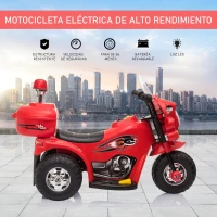 HOMCOM Moto Eléctrica para Niños de 18-36 Meses Moto de Batería 6V Motocicleta Infantil con 3 Ruedas Música Bocina Faros Baúl 80x35x52 cm Rojo(m-4)