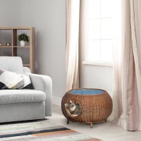 PawHut Panier chat cosy grand confort table basse 2 en 1 coussin amovible déhoussable résine tressée marron(m-2)