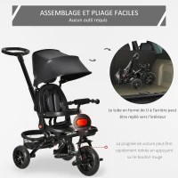 HOMCOM Tricycle Enfant évolutif Pliable 4 en 1 Multifonction - Pare-Soleil, Canne télescopique Amovible - siège pivotant, Harnais, Arceau sécurité - 3 paniers Rangement - métal PP Noir(m-8)