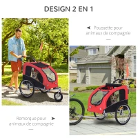 HOMCOM Remorque vélo Jogger 2 en 1 pour Animaux Drapeau Roue Avant pivotante réflecteurs et Barre d'attelage Inclus Rouge Noir(m-4)