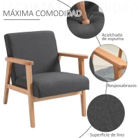 HOMCOM Butaca de Salón Tapizado en Lino con Reposabrazos y Marco de Madera para Sala de Estar Gris Oscuro y Natural(m-4)