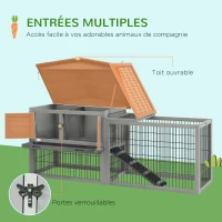 PawHut Clapier de sol cage à lapin cottage niche supérieure avec rampe enclos extérieur 150 x 52 x 68 cm gris(m-5)