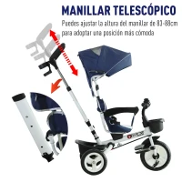 HOMCOM Triciclo para Bebés Plegable Triciclo Evolutivo 2 en 1 para Niños +18 Meses con Toldo Plegable Mango de Empuje Telescópico Reposapiés Cinturón de Seguridad y Cestas Azul(m-6)