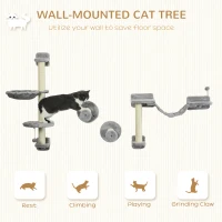 PawHut Four-Piece Cat Wall Furniture with Hammock, Perches, Ladder, Scratching Post, Grey(m-4)