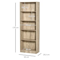 HOMCOM Librería Estantería de 5 Niveles para Libros con 3 Baldas Ajustables Antivuelco Almacenaje para Salón Oficina Estudio 63x29,5x176 cm Madera Natural(m-3)