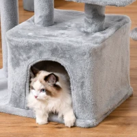PawHut Árbol Rascador para Gatos Altura 114 cm con Postes de Sisal 3 Plataformas Casita y 2 Bolas Colgantes Gris Claro(m-7)