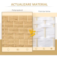 HOMCOM Paravan Interior Pliabil cu 3 Panouri Împletit din PP și Lemn de Pin, 135x1,7x180 cm, Lemn Natural(m-5)