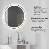 kleankin Badezimmerspiegel Badspiegel Wandspiegel, Antibeschlagsfunktion, LED-Licht, Ø80 x 3,3 cm, Weiß + Silber(m-7)