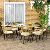 Outsunny Juego de Muebles de Jardín Exterior de Ratán PE de 7 Piezas Incluye 6 Sillas con Cojines y Mesa de Cristal Natural(m-2)