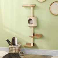 PawHut Wall-Mounted Cat Tree, with Cat House, Bed, Scratching Post - Beige(m-2)