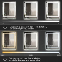 kleankin Badezimmerspiegel mit LED-Beleuchtung, 3 Lichtfarben, Antibeschlag-Funktion, verkabelt, 70 x 50 cm(m-5)