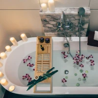 HOMCOM Extendable Bamboo Bathtub Shelf Rack Bath Caddy Tray Bathroom Storage(m-10)