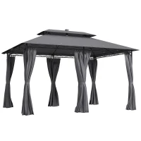 Outsunny 3 x 4 m Garten-Pavillon, Gartenzelt mit Seitenwänden und Solar-LED-Lichtern, Stahlrahmen, Terrassenzelt, Dunkelgrau(m-10)