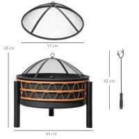 Outsunny 61cm Outdoor Fire Pit, Metal Round Firepit Bowl, Charcoal Log Wood Burner with Screen Cover, Poker for Patio, Black(m-3)