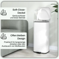 HOMCOM Mülleimer 30L, Soft-Close-Deckel, Fingerabdrucksicher, Fußpedal, Metall/Kunststoff, 28x35x63,5 cm, Weiß(m-5)
