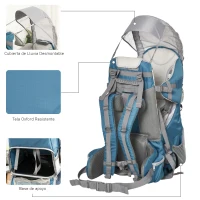 HOMCOM Mochila Portabebés Plegable Ajustable Portador de Bebé Ergonómica Manos Libres 6-36 Meses con Protector de Lluvia y Sol Carga 18 kg Gris y Azul(m-4)