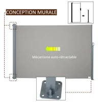 Outsunny Store latéral brise-vue rétractable 300 x 160 cm, paravent extérieur en aluminium, protection solaire, brise-vue extensible pour balcon, jardin, terrasse, gris(m-4)