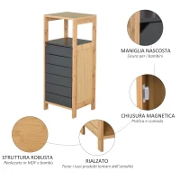 HOMCOM Mobiletto da Bagno Salvaspazio in Bambù, Armadietto da terra con Ripiano per Camera da letto, Grigio(m-6)