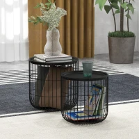 HOMCOM Set 2 Tavolini da Salotto Impilabili Rotondi in Acciaio con Vano Contenitore, Nero(m-7)
