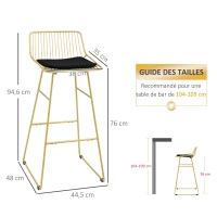HOMCOM Lot de 2 chaises de bar design acier filaire doré avec coussin noir repose-pieds convient pour tables de 104-109 cm(m-7)