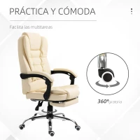 HOMCOM Silla de Escritorio con Reposapiés Silla Ejecutiva Giratoria con Altura Ajustable Tapizada en PU y Reposabrazos Crema(m-6)