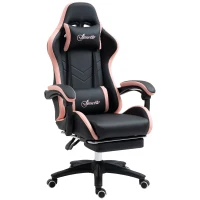 Vinsetto Silla Gaming Silla Gamer de Cuero PU Reclinable 135° Reposacabezas y Reposapiés 65x65x121-129 cm Negro y Rosa(m-10)