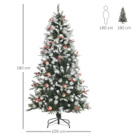 HOMCOM 6FT Artificial Snow Dipped Christmas Tree Xmas Pencil Tree Holiday Home Party Decoration with Foldable Feet Red Berries White Pinecones, Green(m-3)