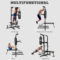 HOMCOM Kraftstation mit Klimmzugstange, Multifunktionale Dip-Station, Trainings-Gerät für Zuhause, mit Boxsack, Fitness, Stahl, Schwarz, 180 x 183 x 219 cm(m-7)