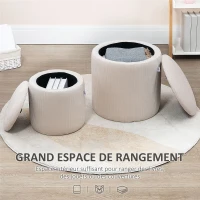 HOMCOM Lot de 2 poufs tabourets repose-pieds coffre de rangement en tissu aspect velours côtelé Ø40 cm et Ø30 cm, crème(m-5)