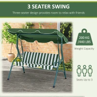 Outsunny 3 Seater Garden Swing Seat Chair Outdoor Bench with Adjustable Canopy and Metal Frame, Green Stripes(m-6)
