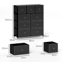HOMCOM Cajonera de Tela con 9 Cajones Plegables con Frentes de Cuero PU y Marco de Acero Cajonera para Dormitorio Salón Negro(m-3)